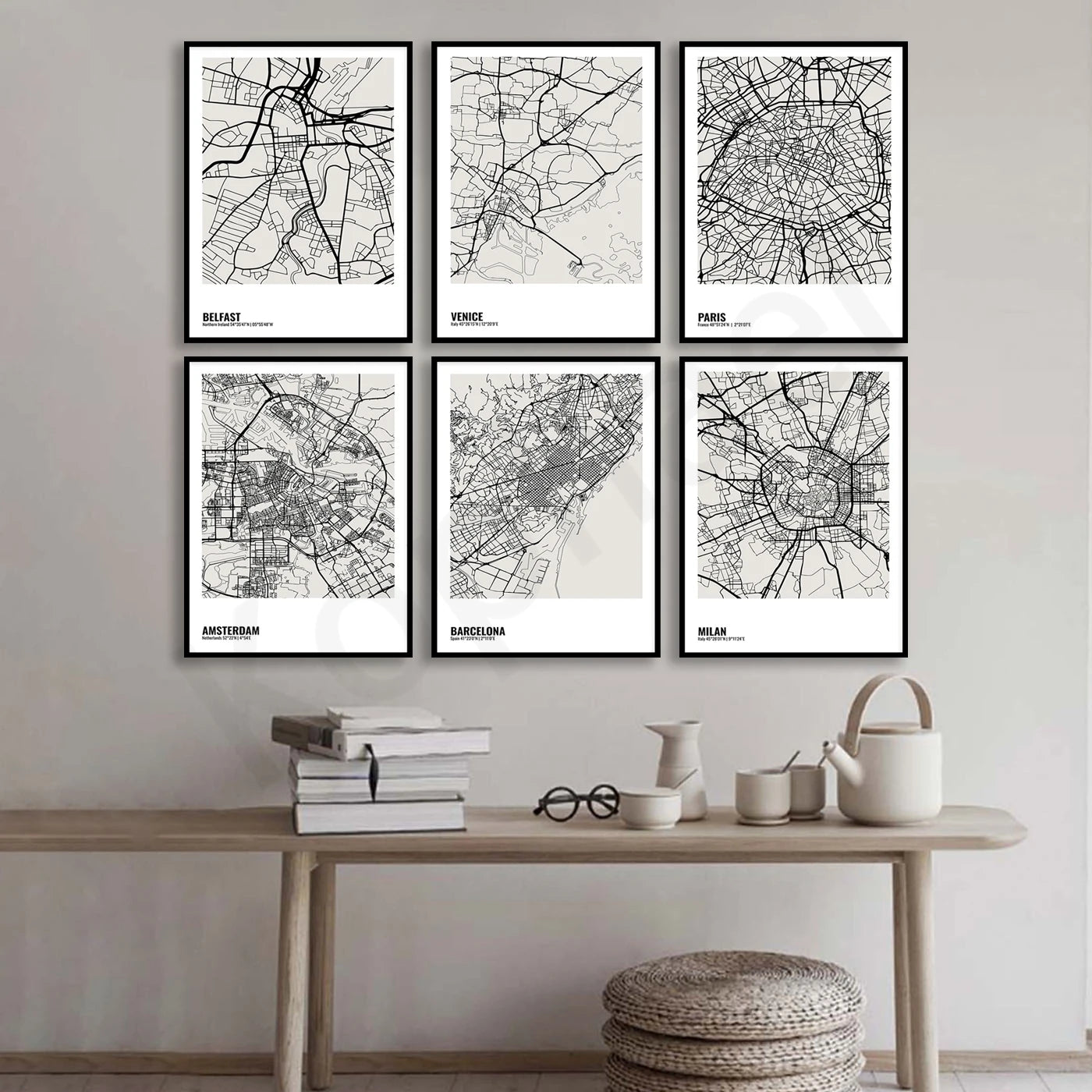 Minimalist City Map Posters - London, Berlin, Paris, Kiev, Barcelona, Milan, Amsterdam, Prague, Athens, Liverpool, Florence, Belfast, Venice. Wall Map Black White Fine Art Canvas Prints Stylish Minimalist Posters For Home/Office