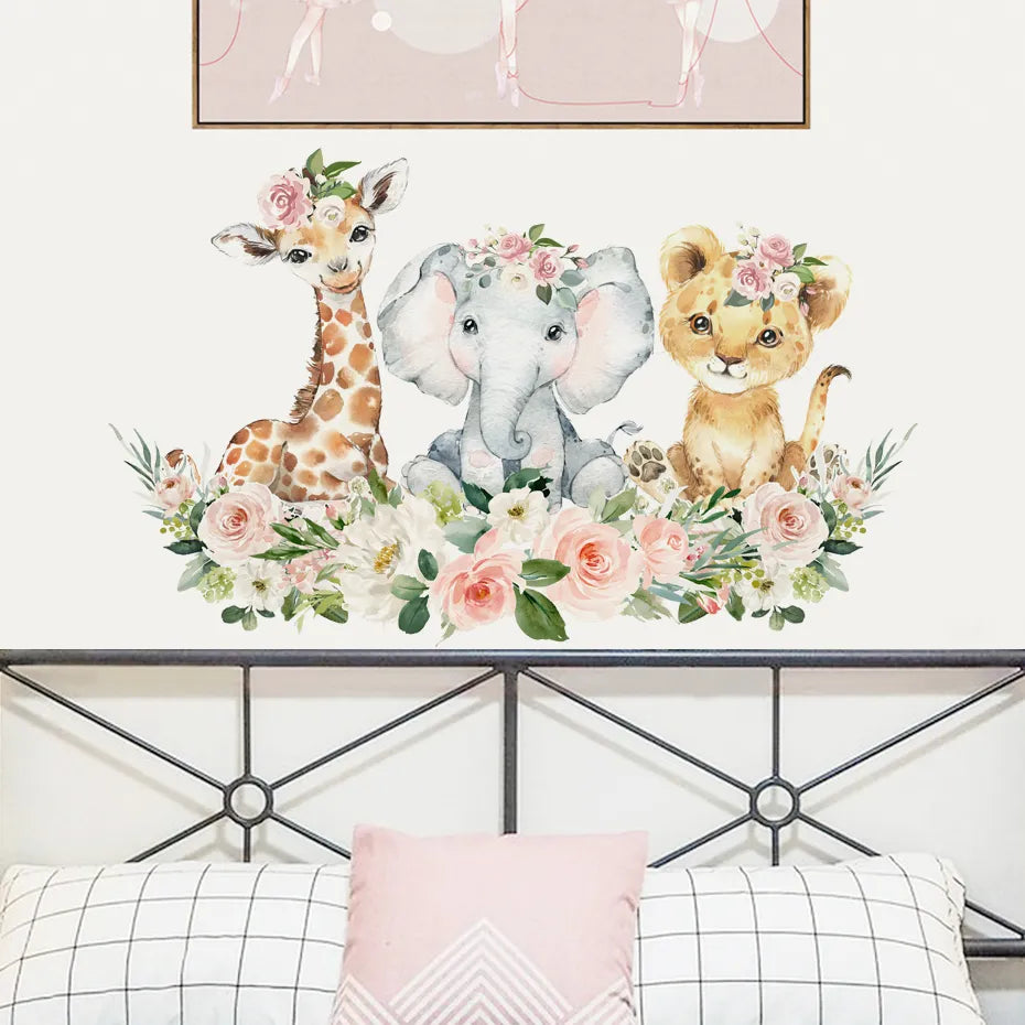 Cute Pink Jungle Safari Animals Wall Stickers For Baby's Room Removable Peel & Stick Vinyl Wall Decals For Creative DIY Nursery Wall Decoration