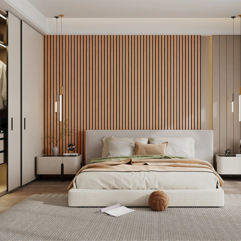 Modern bedroom with wooden accent wall and white bed