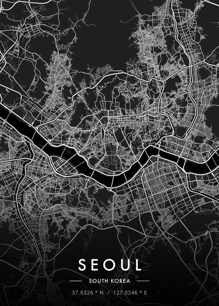 Map of Seoul, South Korea with black and white coloring on a dark background