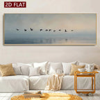 Serene Coastal Sea Birds Wall Art Fine Art Canvas Print Soft Pastel Blue Gray Beige Wide Format Landscape Artwork for Modern Living Room & Tranquil Minimalist Home Décor