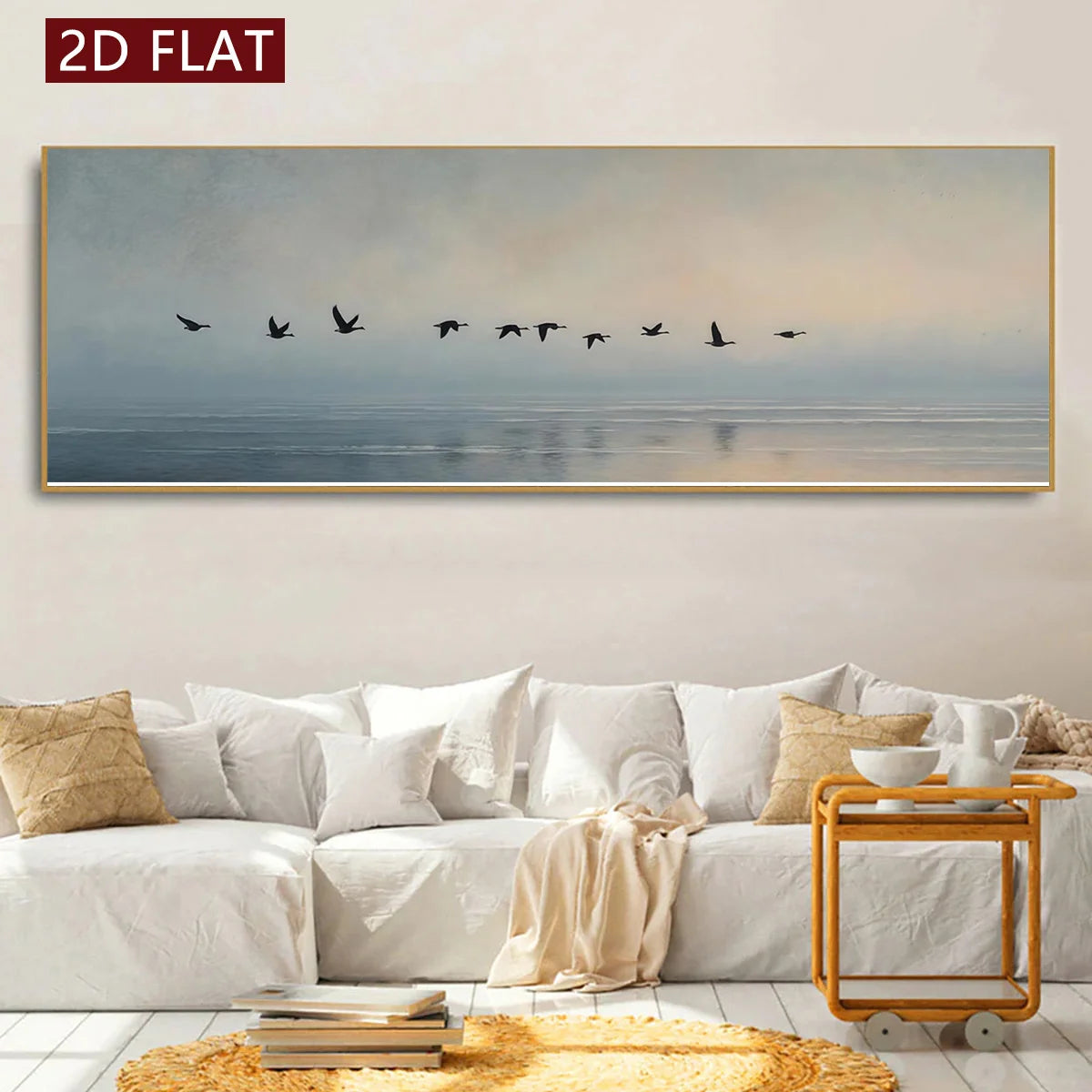 Serene Coastal Sea Birds Wall Art Fine Art Canvas Print Soft Pastel Blue Gray Beige Wide Format Landscape Artwork for Modern Living Room & Tranquil Minimalist Home Décor