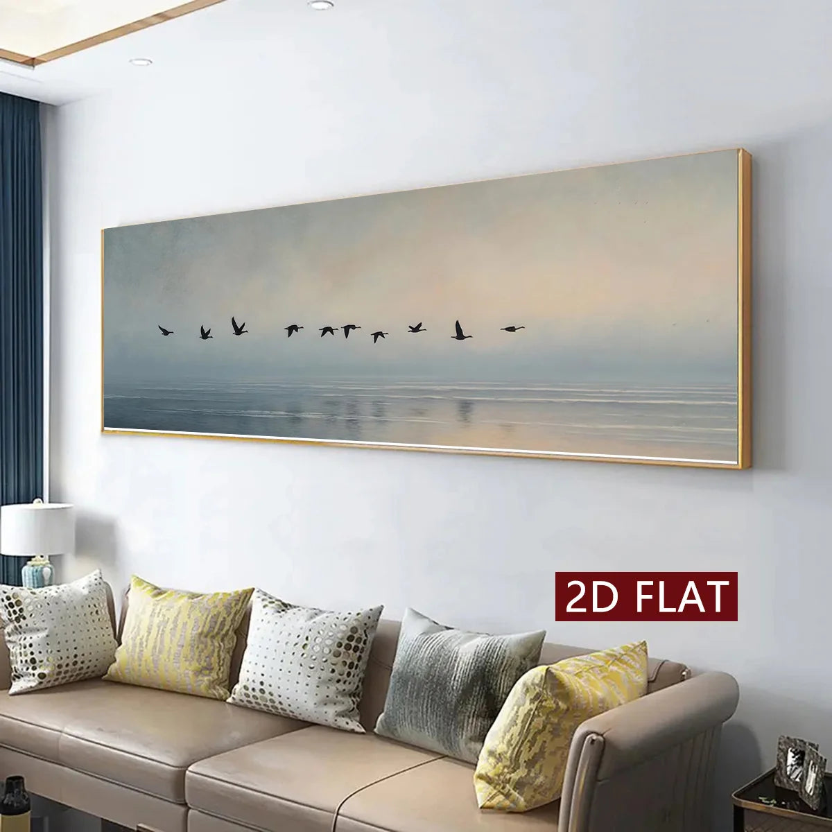 Serene Coastal Sea Birds Wall Art Fine Art Canvas Print Soft Pastel Blue Gray Beige Wide Format Landscape Artwork for Modern Living Room & Tranquil Minimalist Home Décor