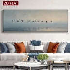 Serene Coastal Sea Birds Wall Art Fine Art Canvas Print Soft Pastel Blue Gray Beige Wide Format Landscape Artwork for Modern Living Room & Tranquil Minimalist Home Décor