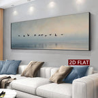 Serene Coastal Sea Birds Wall Art Fine Art Canvas Print Soft Pastel Blue Gray Beige Wide Format Landscape Artwork for Modern Living Room & Tranquil Minimalist Home Décor