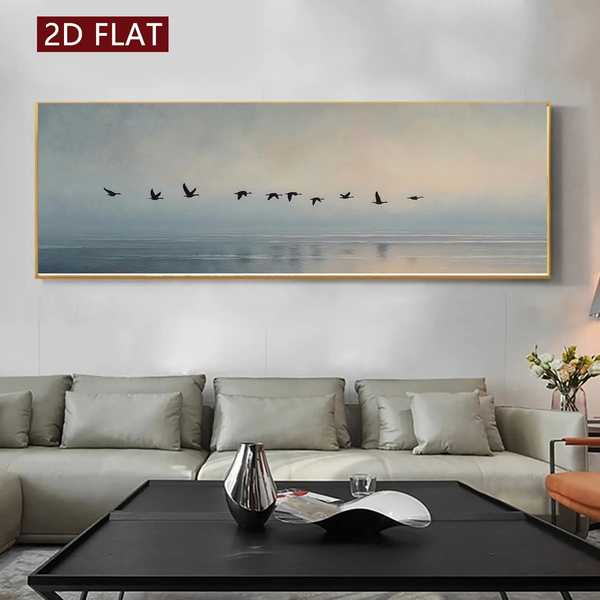 Serene Coastal Sea Birds Wall Art Fine Art Canvas Print Soft Pastel Blue Gray Beige Wide Format Landscape Artwork for Modern Living Room & Tranquil Minimalist Home Décor