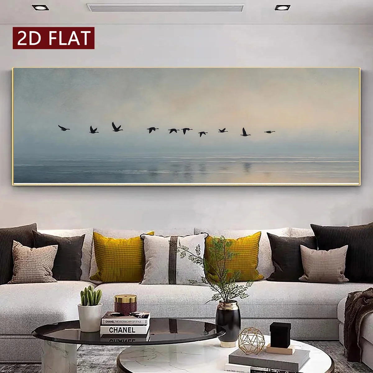 Serene Coastal Sea Birds Wall Art Fine Art Canvas Print Soft Pastel Blue Gray Beige Wide Format Landscape Artwork for Modern Living Room & Tranquil Minimalist Home Décor