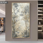 A vertical framed wall art print featuring an abstract forest scene with tall trees in soft beige, gray, and blue tones, displayed on a taupe wall in a modern interior setting.