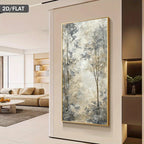 A vertical framed wall art print featuring an abstract forest scene in soft beige, gray, and blue tones, displayed on a beige wall in a modern living room interior. 