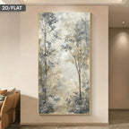 A large vertical framed wall art piece showing an abstract forest scene in soft blue, gray, beige, and white tones, displayed on a beige wall in a modern interior. 