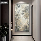 A tall wall art piece showing an abstract forest scene in soft beige, gray, and blue tones, displayed in a modern hallway. The image includes a '2D/FLAT' label in the top-left corner.