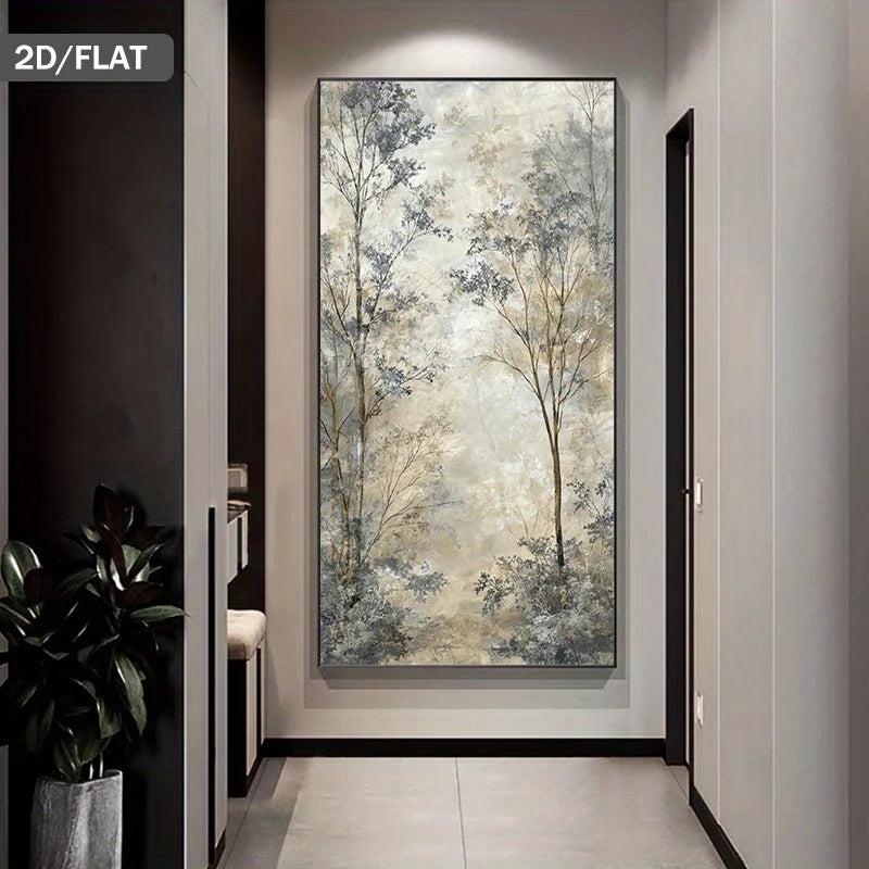 A tall wall art piece showing an abstract forest scene in soft beige, gray, and blue tones, displayed in a modern hallway. The image includes a '2D/FLAT' label in the top-left corner.