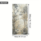 A flat wall mural or wallpaper sample showing a forest scene with tall trees in soft beige, gray, and muted blue tones. Black dimension arrows and text indicate 100 cm by 200 cm (39.