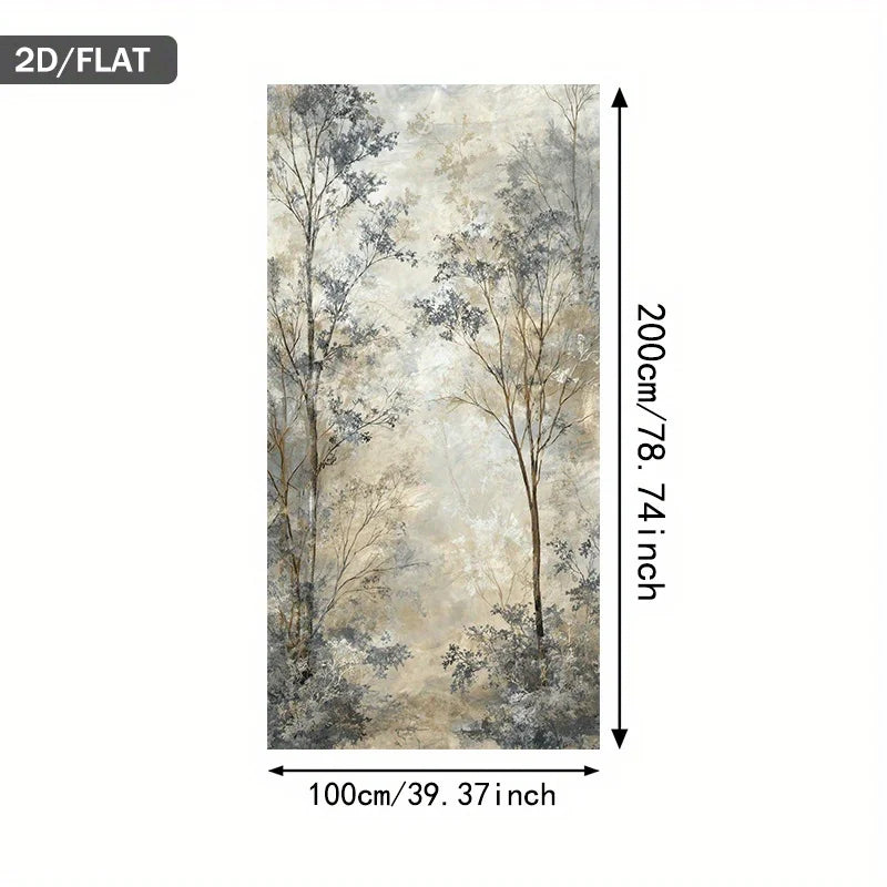 A flat wall mural or wallpaper sample showing a forest scene with tall trees in soft beige, gray, and muted blue tones. Black dimension arrows and text indicate 100 cm by 200 cm (39.