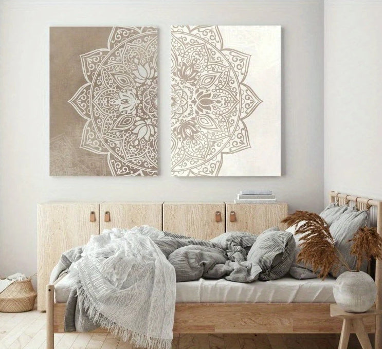 Set of 2Pcs Big Sizes Beige Mandala Canvas Wall Art – Neutral Boho Geometric Split Design Canvas Prints for Modern Meditation Space Decor