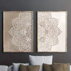 Set of 2Pcs Big Sizes Beige Mandala Canvas Wall Art – Neutral Boho Geometric Split Design Canvas Prints for Modern Meditation Space Decor