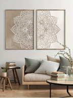 Set of 2Pcs Big Sizes Beige Mandala Canvas Wall Art – Neutral Boho Geometric Split Design Canvas Prints for Modern Meditation Space Decor