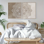 Set of 2Pcs Big Sizes Beige Mandala Canvas Wall Art – Neutral Boho Geometric Split Design Canvas Prints for Modern Meditation Space Decor