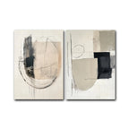 Two abstract art pieces with black and beige shapes on a white background