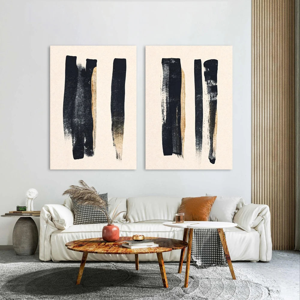 Set of 2Pcs Minimalist Black Beige Thick Brush Abstract Wall Art Fine Art Canvas Prints Pictures For Modern Apartment Living Room Dining Room Art Decor