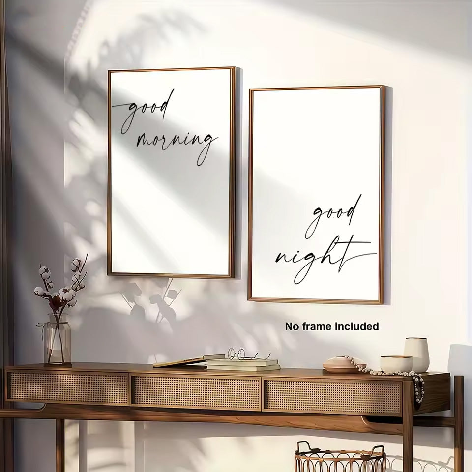 Set of 2Pcs Minimalist ‘Good Morning’ & ‘Good Night’ Canvas Prints – Modern Black‑and‑White Typography Wall Art for Bedroom