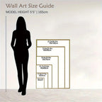 Wall art size guide with a silhouette of a person and framed artwork dimensions.