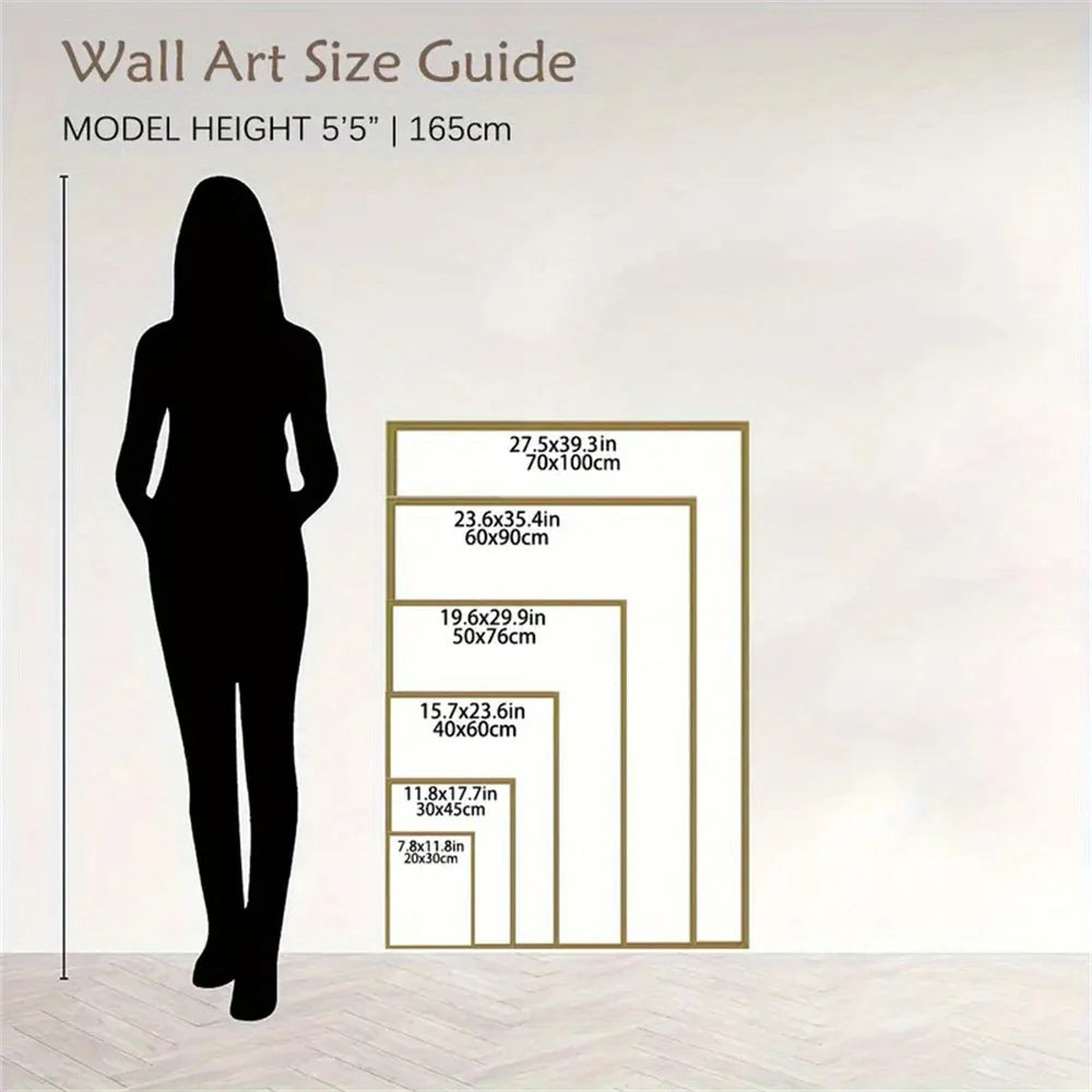 Wall art size guide with a silhouette of a person and framed artwork dimensions.