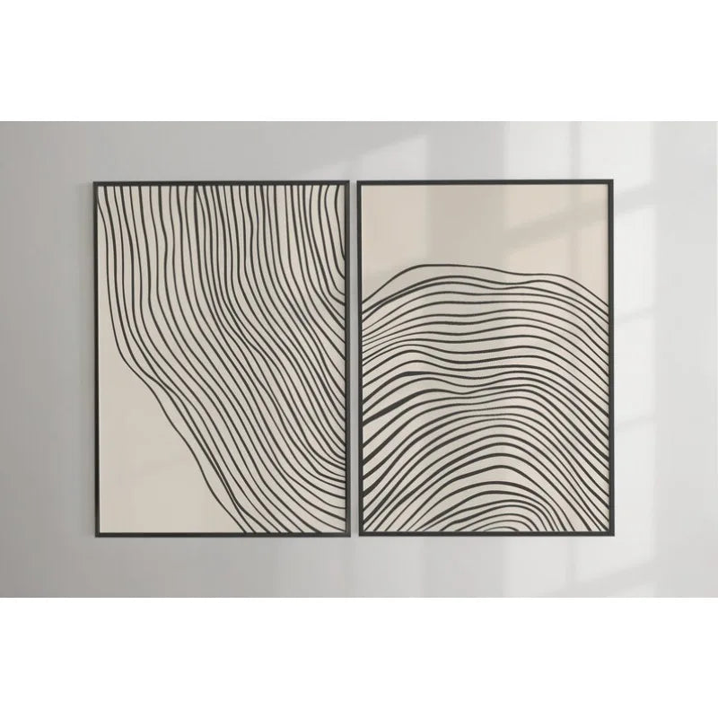 Set of 2Pcs Modern Abstract Wavy Line Wall Art Fine Art Canvas Prints – Minimalist Black Line Art on Beige Background for Contemporary Living