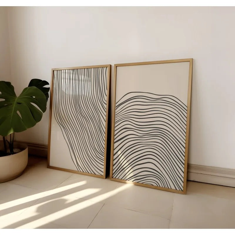 Set of 2Pcs Modern Abstract Wavy Line Wall Art Fine Art Canvas Prints – Minimalist Black Line Art on Beige Background for Contemporary Living