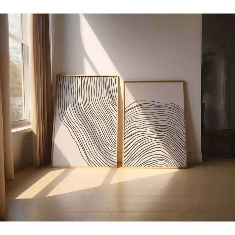 Set of 2Pcs Modern Abstract Wavy Line Wall Art Fine Art Canvas Prints – Minimalist Black Line Art on Beige Background for Contemporary Living