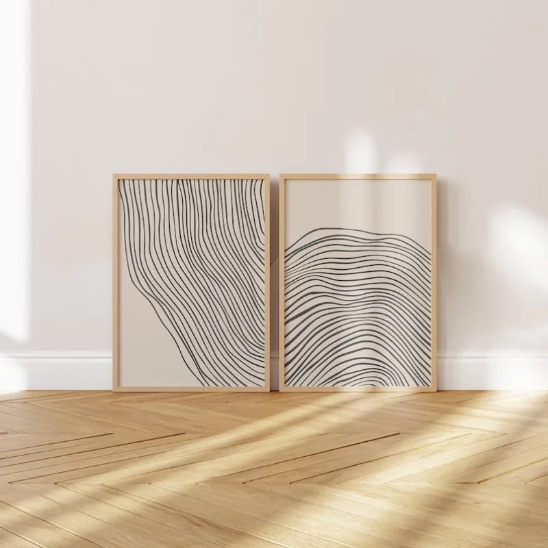 Set of 2Pcs Modern Abstract Wavy Line Wall Art Fine Art Canvas Prints – Minimalist Black Line Art on Beige Background for Contemporary Living