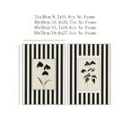 Two framed botanical art prints with black and white vertical stripes, shown with size options and text above on a white background.