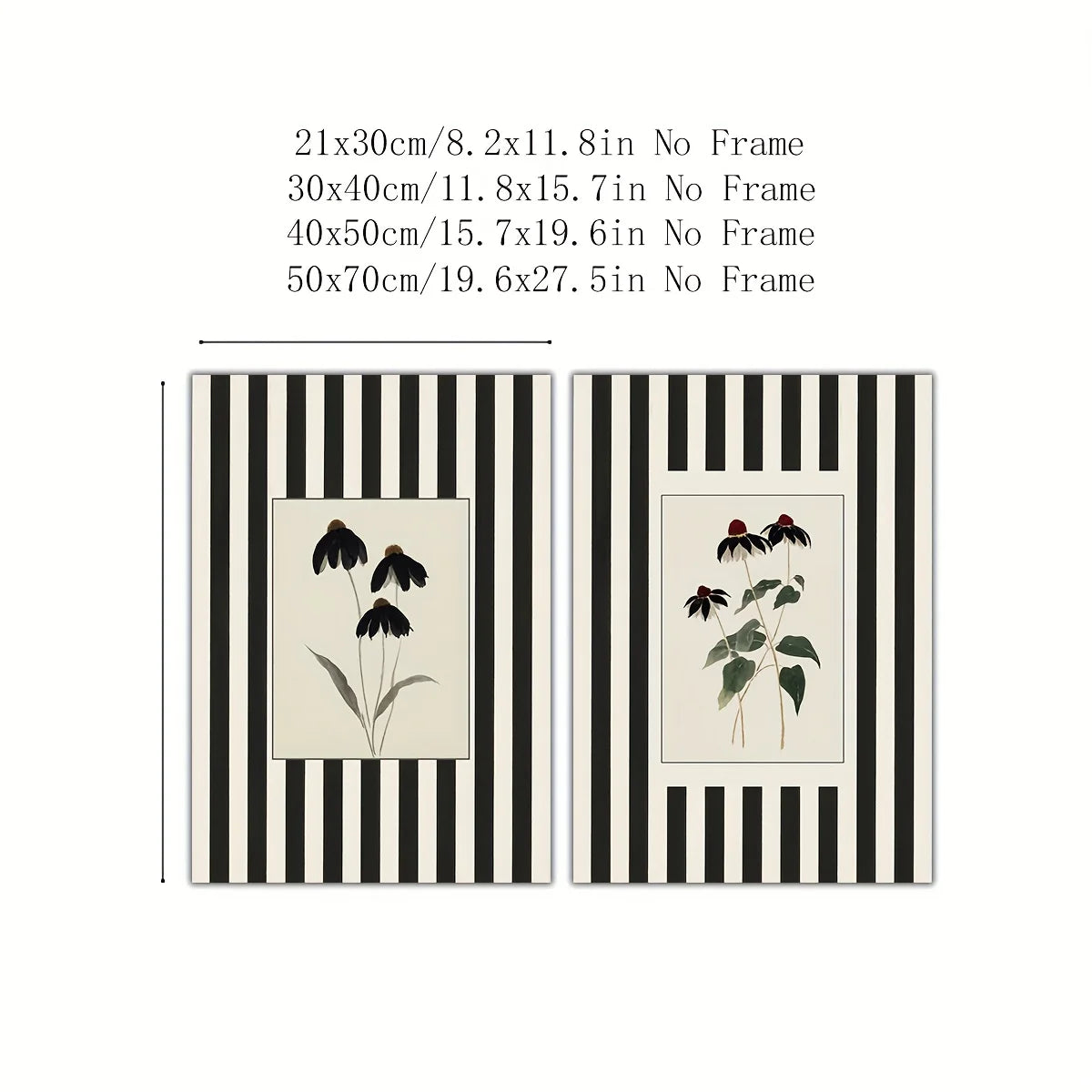 Two framed botanical art prints with black and white vertical stripes, shown with size options and text above on a white background.
