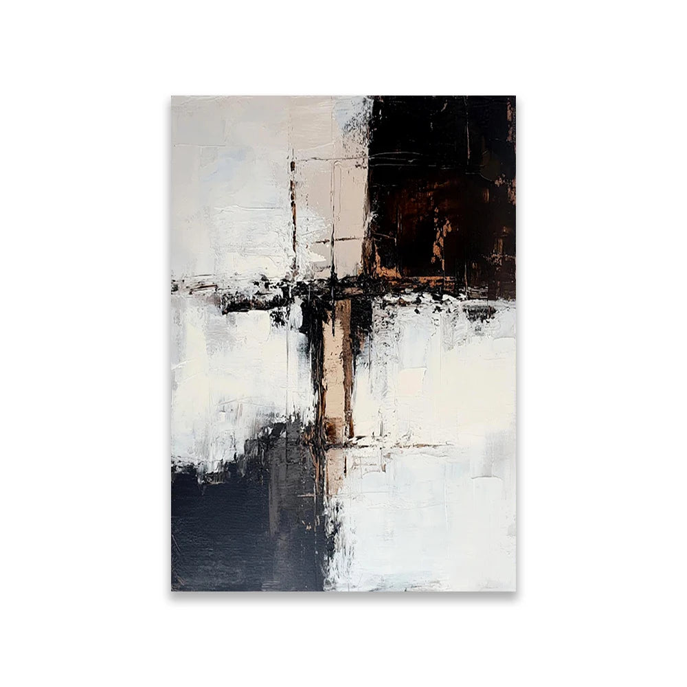 Abstract art print with black, white, and brown colors on a white background