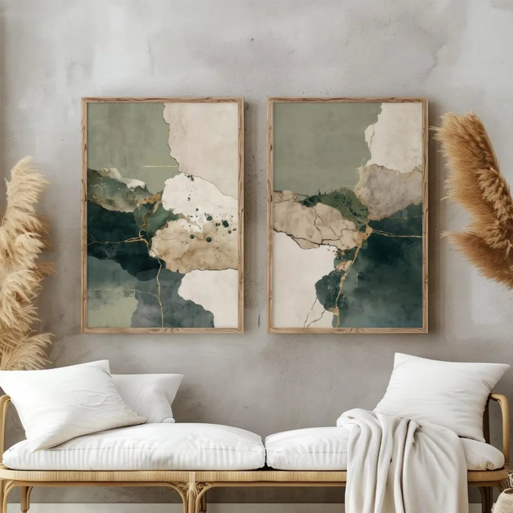 Set of 2Pcs Neutral Tones Japanese Style Abstract Liquid Color-Block Wall Art Fine Art Canvas Prints Pictures For Living Room Dining Room Bedroom Art For Modern Living