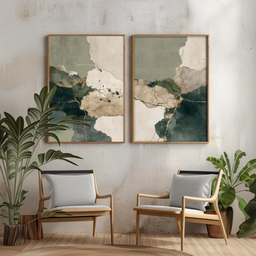 Set of 2Pcs Neutral Tones Japanese Style Abstract Liquid Color-Block Wall Art Fine Art Canvas Prints Pictures For Living Room Dining Room Bedroom Art For Modern Living