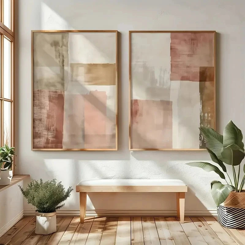 Set of 2Pcs Pink Beige Rustic Color Block Abstract Wall Art Fine Art Canvas Prints Pictures For Living Room Bedroom Art For Contemporary Home Decor