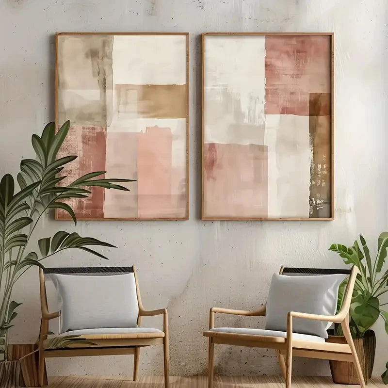 Set of 2Pcs Pink Beige Rustic Color Block Abstract Wall Art Fine Art Canvas Prints Pictures For Living Room Bedroom Art For Contemporary Home Decor