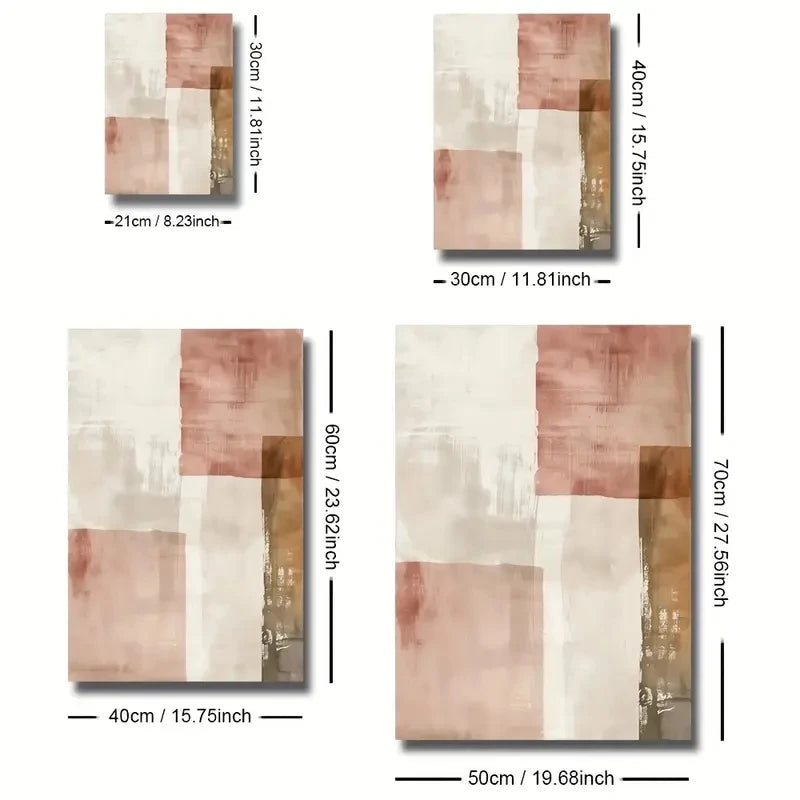 Four abstract wall art pieces with measurements on a white background