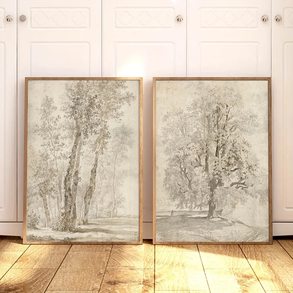 Set of 2Pcs Retro Rustic Vintage Tree Sketch Wall Art Fine Art Canvas Print Minimalist Nature Inspired Artworks For Living Room Dining Room Home Decor