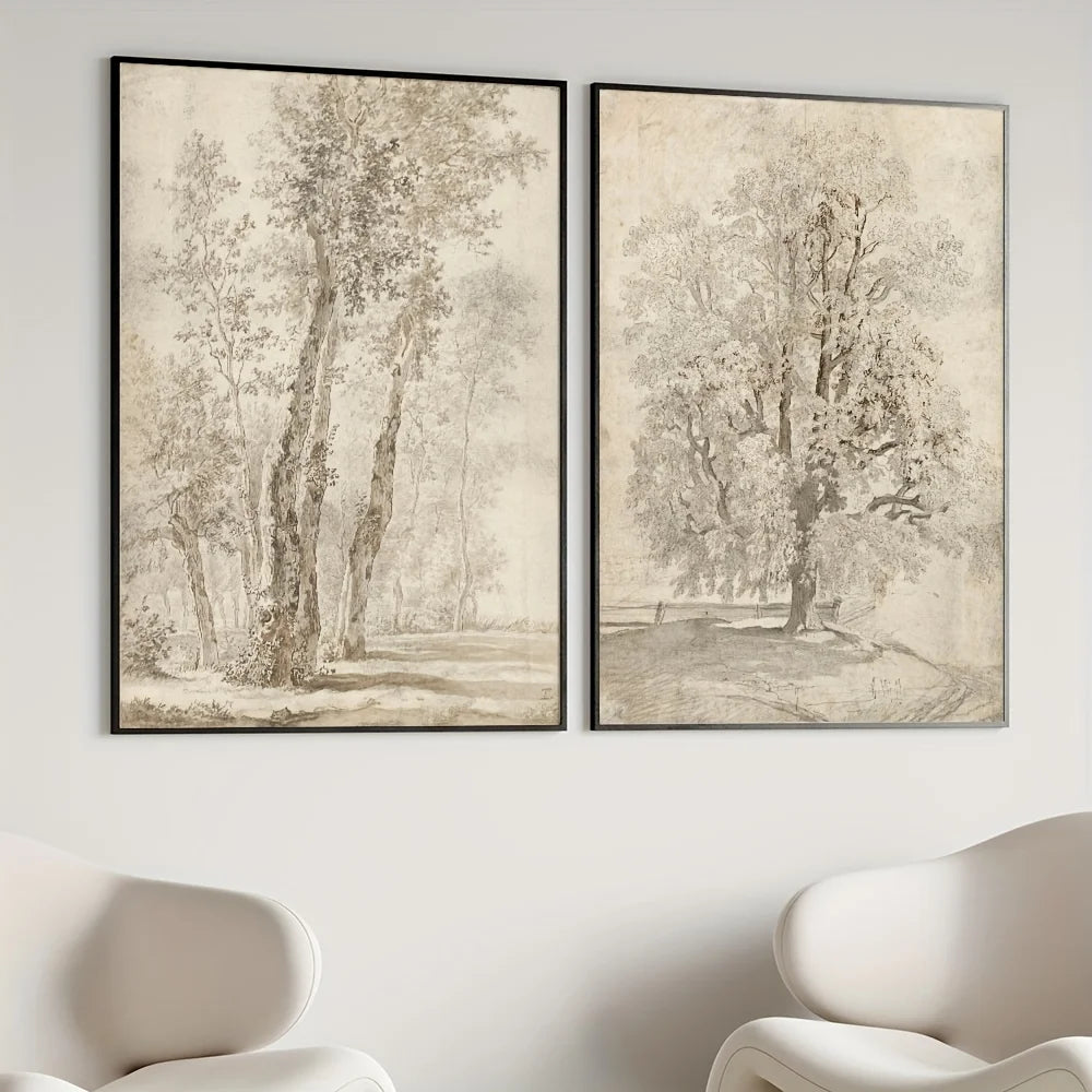 Set of 2Pcs Retro Rustic Vintage Tree Sketch Wall Art Fine Art Canvas Print Minimalist Nature Inspired Artworks For Living Room Dining Room Home Decor