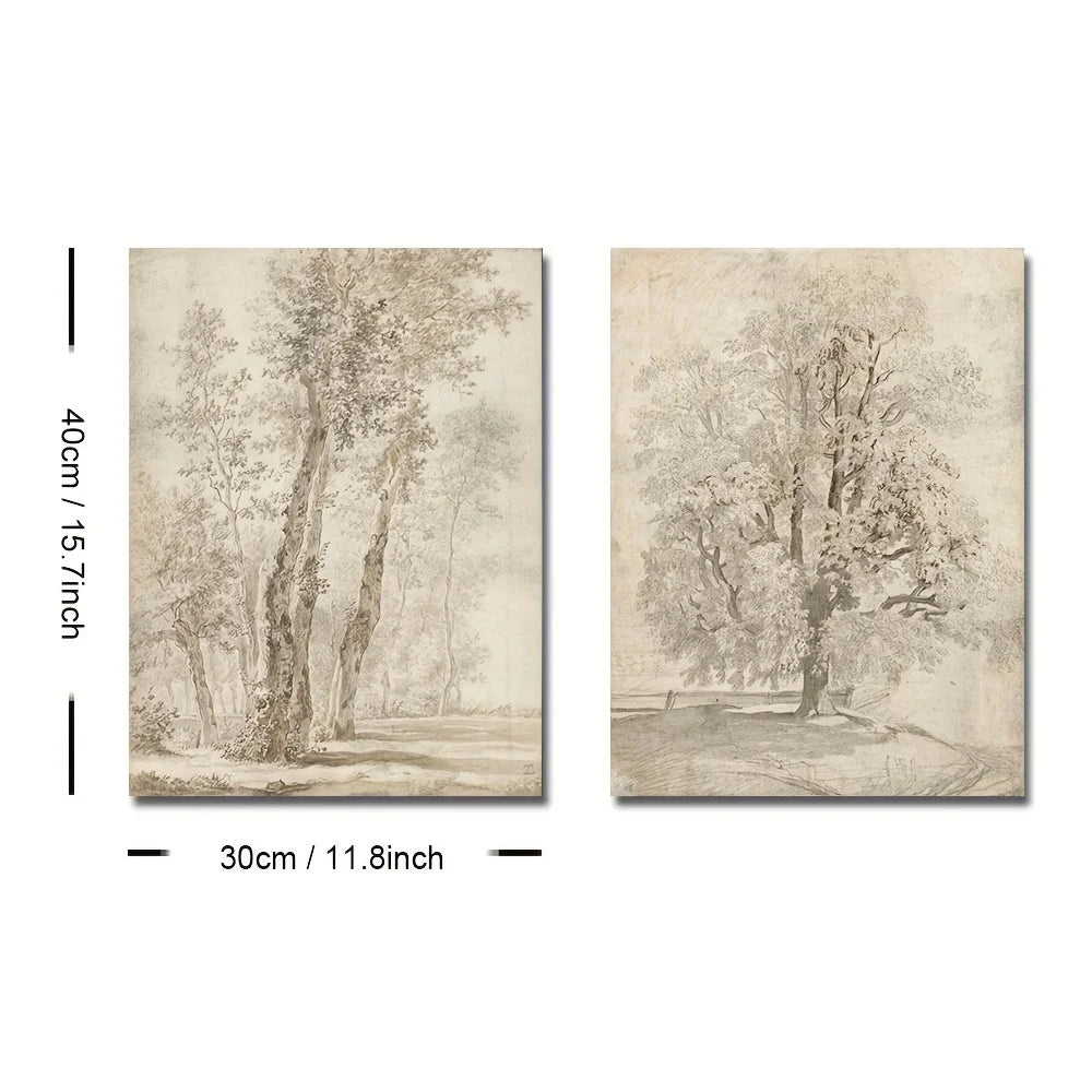 Set of 2Pcs Retro Rustic Vintage Tree Sketch Wall Art Fine Art Canvas Print Minimalist Nature Inspired Artworks For Living Room Dining Room Home Decor