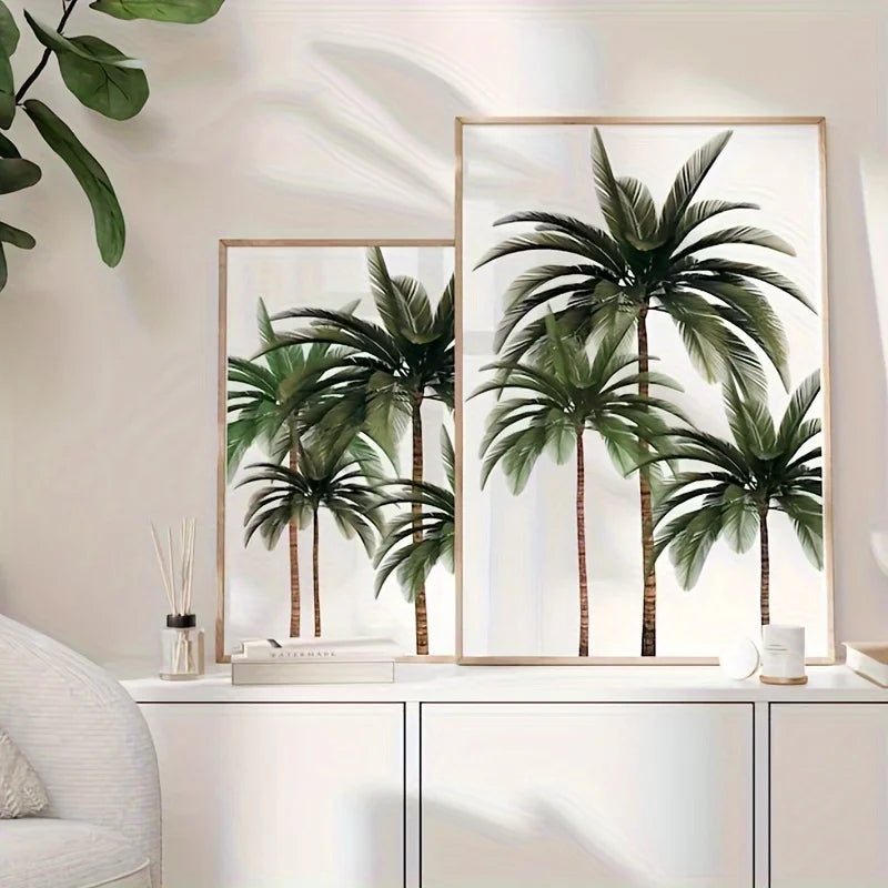 Set of 2Pcs Tropical Palm Tree Wall Art Fine Art Canvas Prints – Unframed Neutral‑Tone Botanical Art for Farmhouse Bedroom, Coastal Living Room &amp; Natural Boho Home Décor