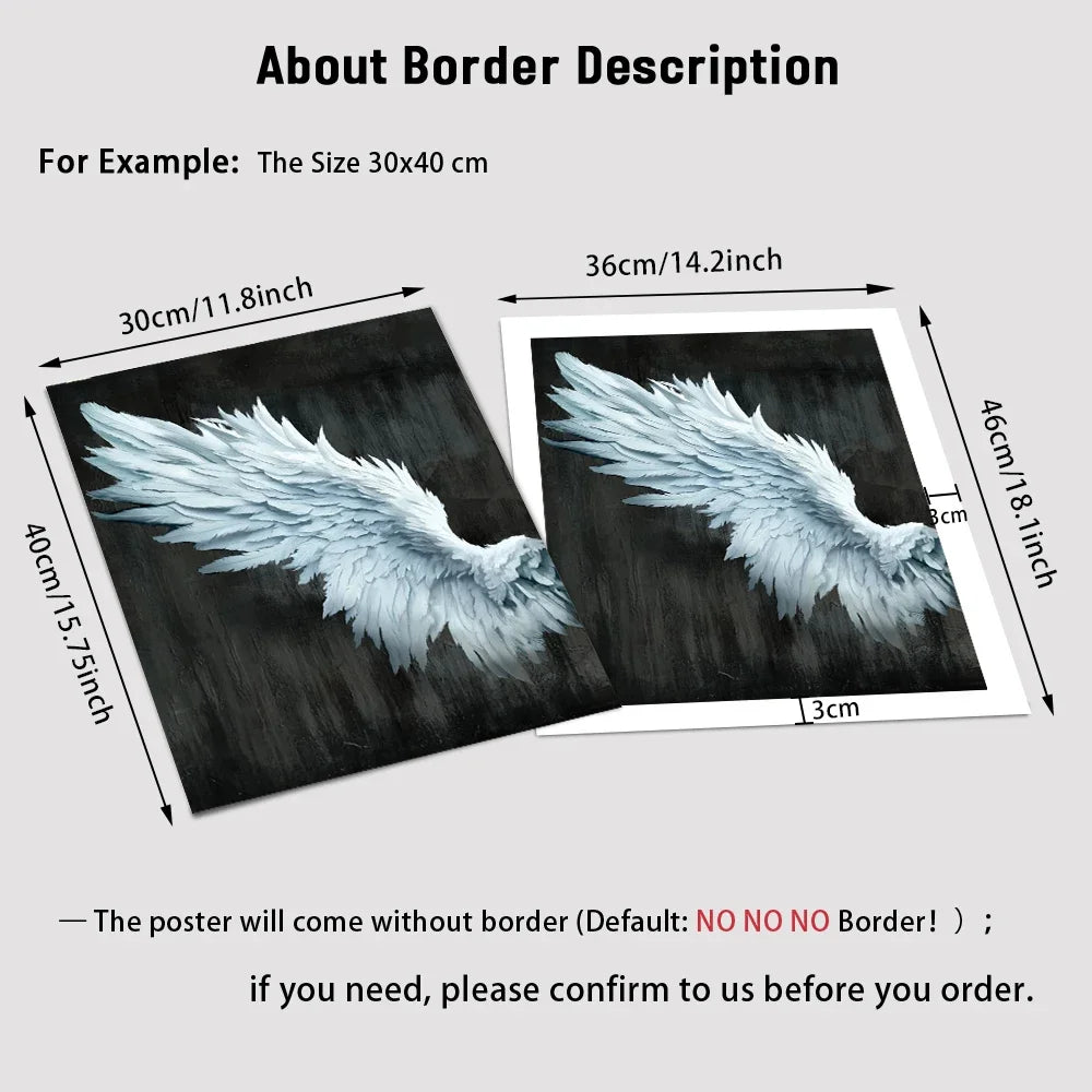 Dimensions of a poster with angel wings design on a white background