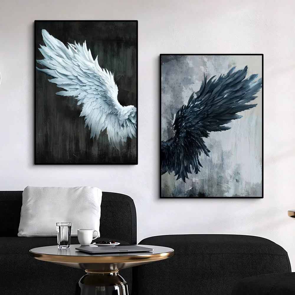 Two abstract wing paintings on a wall above a sofa.