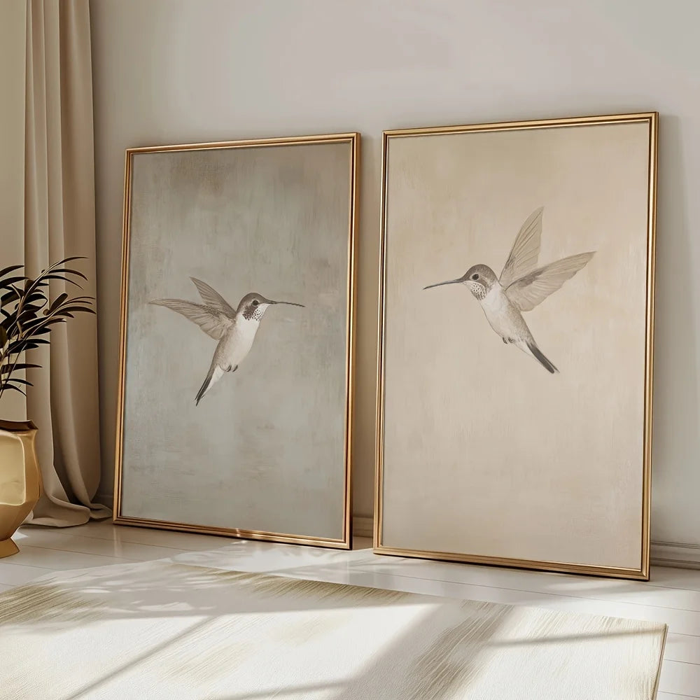 Set of 2Pcs Vintage Birds Wall Art Fine Art Canvas Prints Neutral Tones Retro Illustrations of Birds Artworks For Farmhouse Kitchen Living Room Simple Bedroom Home Decor 