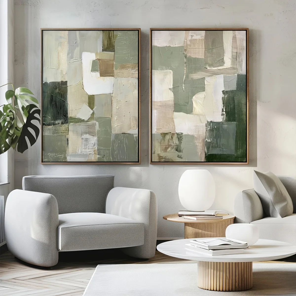 Modern living room with abstract art on the wall and white furniture.