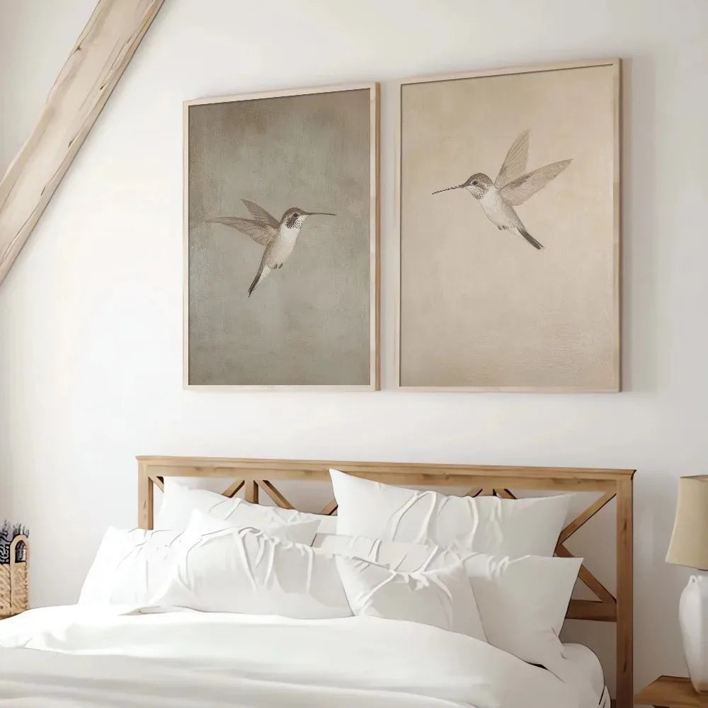 Bedroom with wooden headboard and framed hummingbird artwork on the wall.