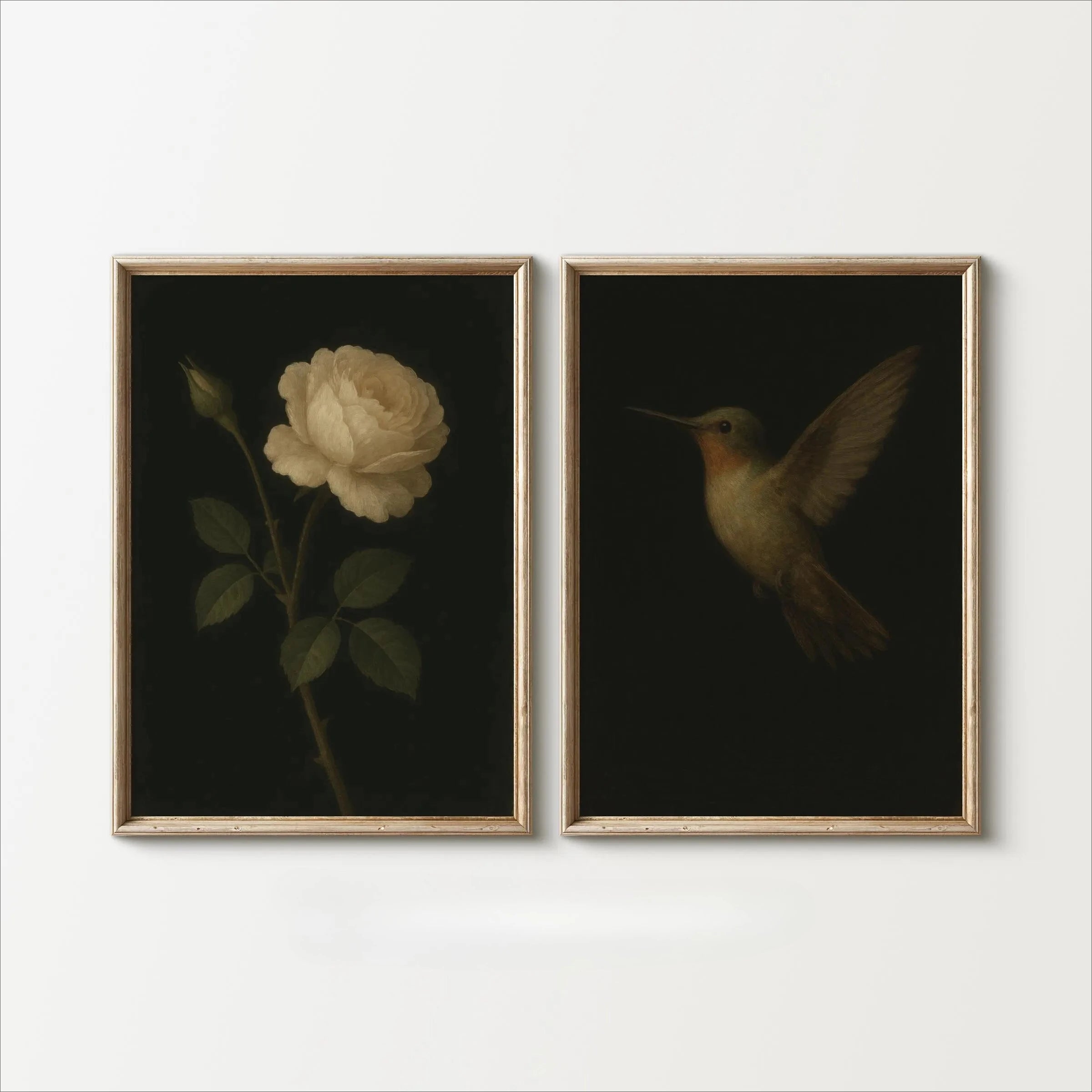 Two framed artworks of a white rose and a hummingbird on a white wall.