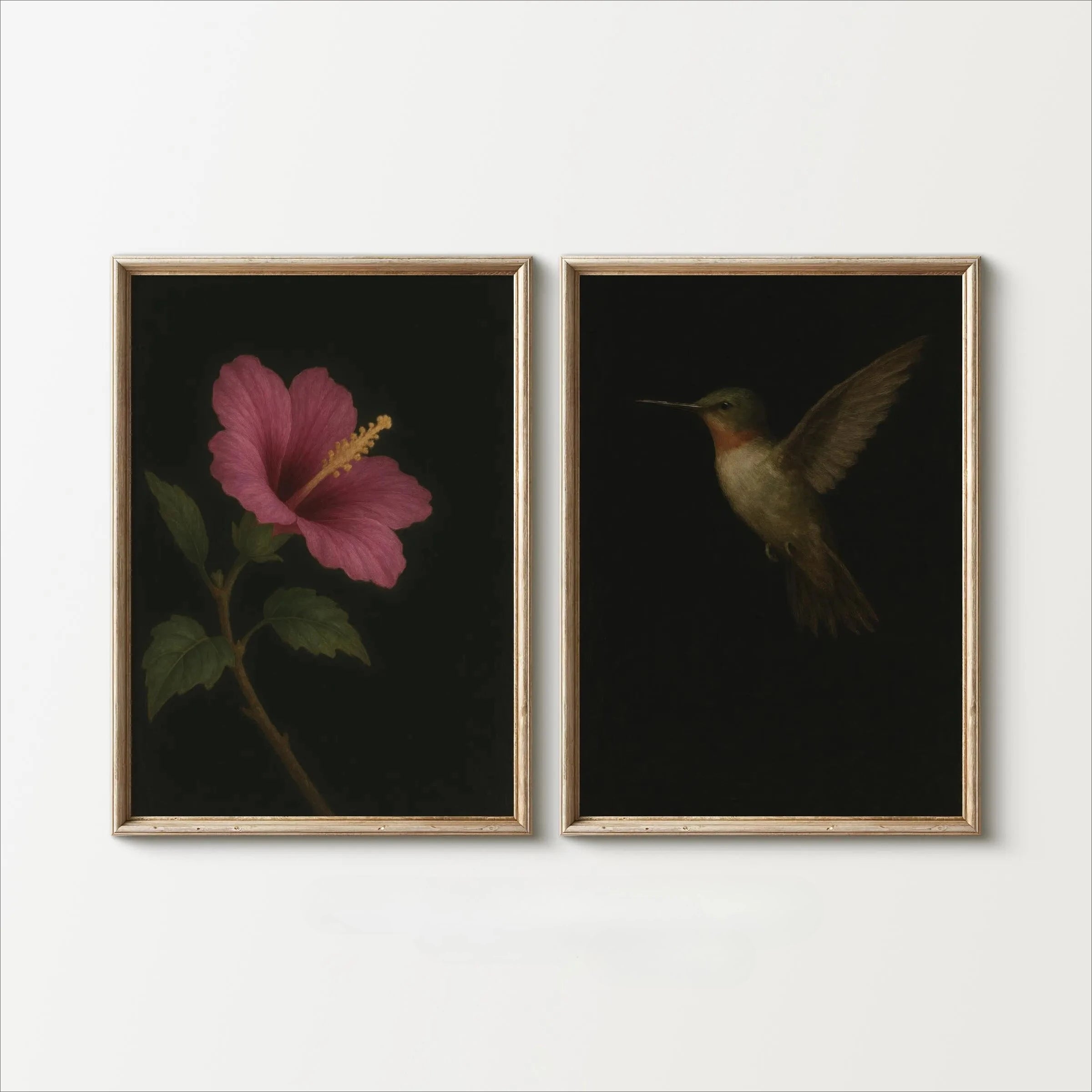 Two framed artworks of a pink flower and a hummingbird on a white wall.